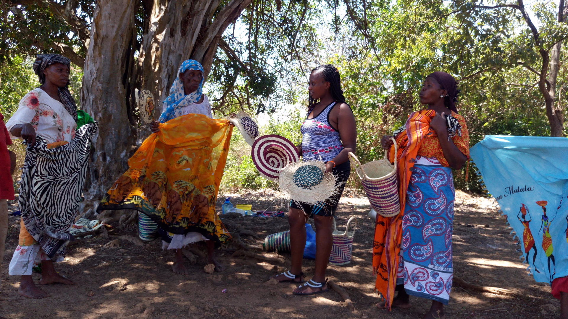 Visitors walking through the traditional Funzi Island village on a cultural tour from the Kenya coast