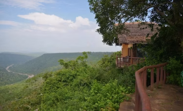 Outdoor lunch setup with views of forest at Green Safari Lodge in Shimba Hills