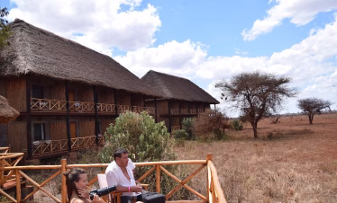 Ngutuni Safari Lodge exterior with panoramic view of the African savannah