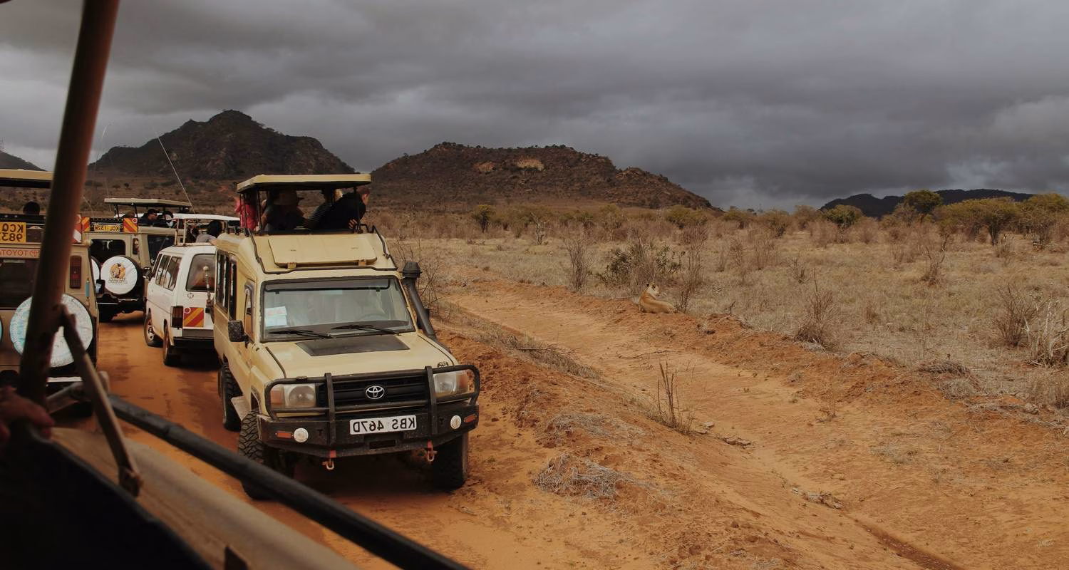 Wity Tours open-roof safari vehicle during a Tsavo East game drive from Diani Beach