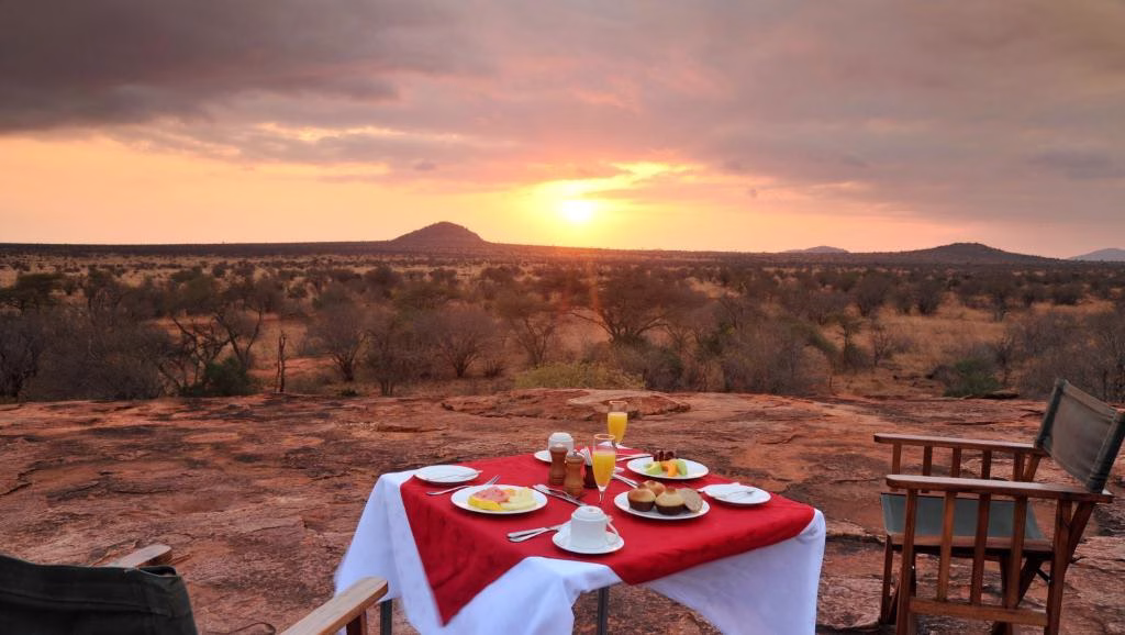 Elegant dining area at Kilaguni Serena Lodge on a Diani Beach safari tour
